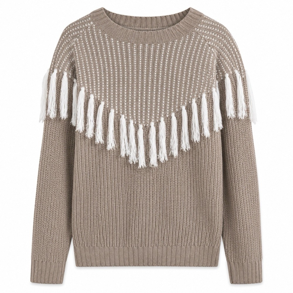 Tassel Fringe Sweater S Taupe Western Boho Chic Coastal Cowgirl Festival NWOT